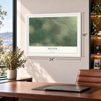 Deaver, Wyoming map, 18 x 24 inch print in a white frame in a home office
