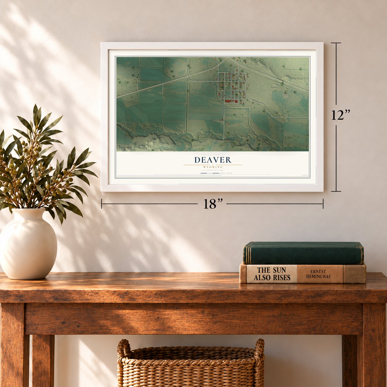 Deaver, Wyoming map, 12 x 18 inch print in a white frame in an entryway