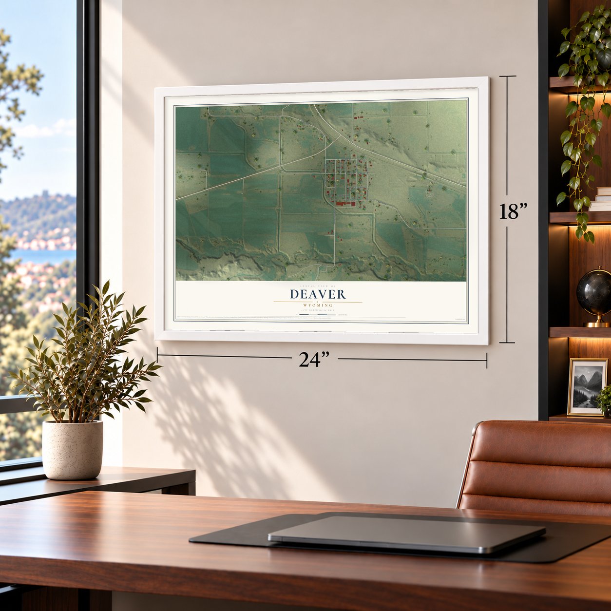 Deaver, Wyoming map, 18 x 24 inch print in a white frame in a home office