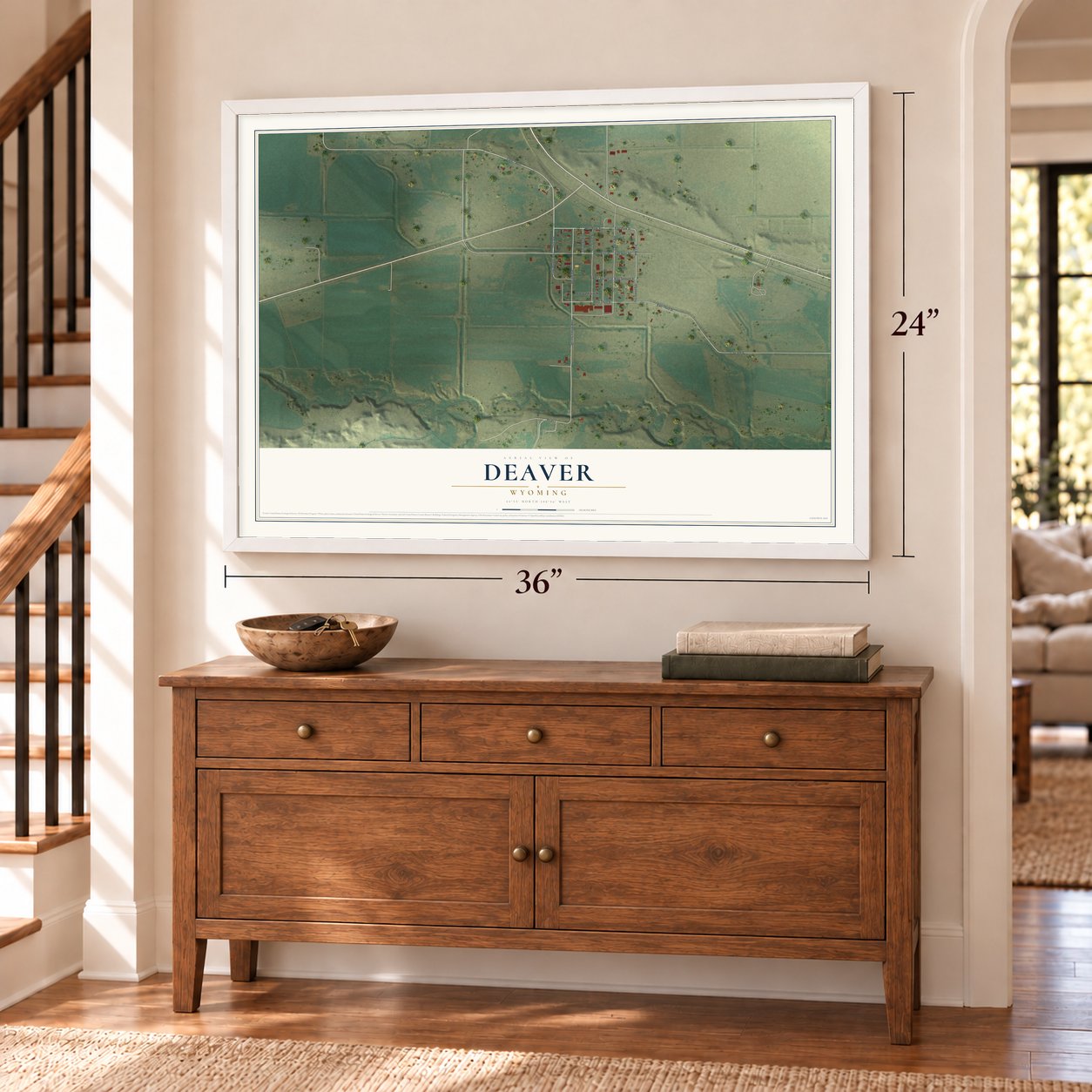 Deaver, Wyoming map, 24 x 36 inch print in a white frame above a dresser by a staircase
