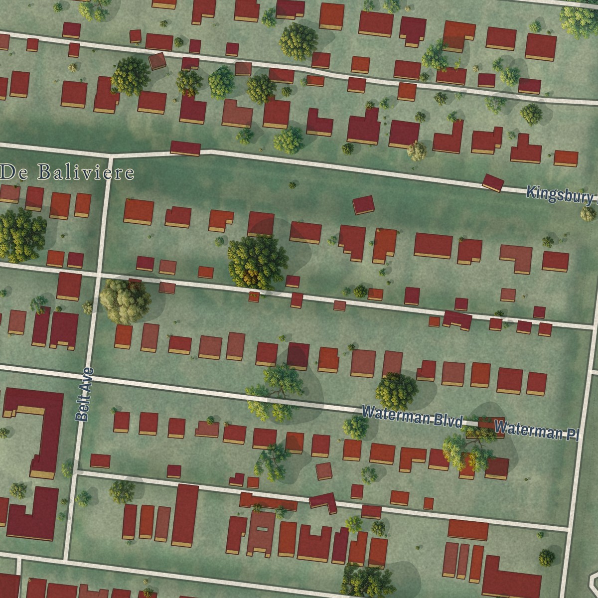 Second close-up of the map of DeBaliviere Place, Missouri print showing more streets and buildings