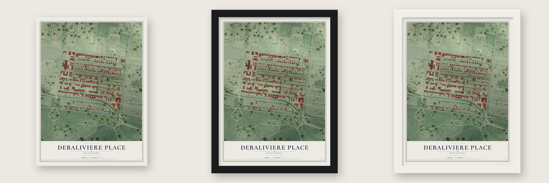 DeBaliviere Place, Missouri map unframed, in a black wood frame and in a white wood frame