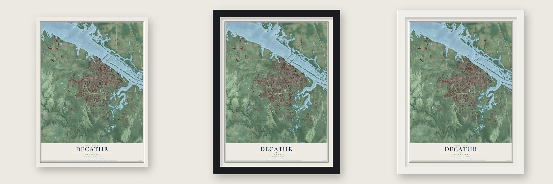Decatur, Alabama map unframed, in a black wood frame and in a white wood frame