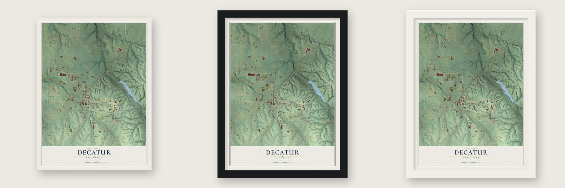 Decatur, Arkansas map unframed, in a black wood frame and in a white wood frame