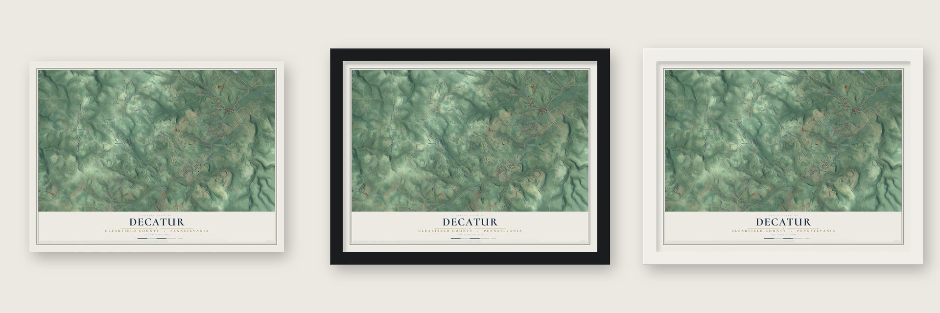 Decatur, Clearfield County, Pennsylvania map unframed, in a black wood frame and in a white wood frame
