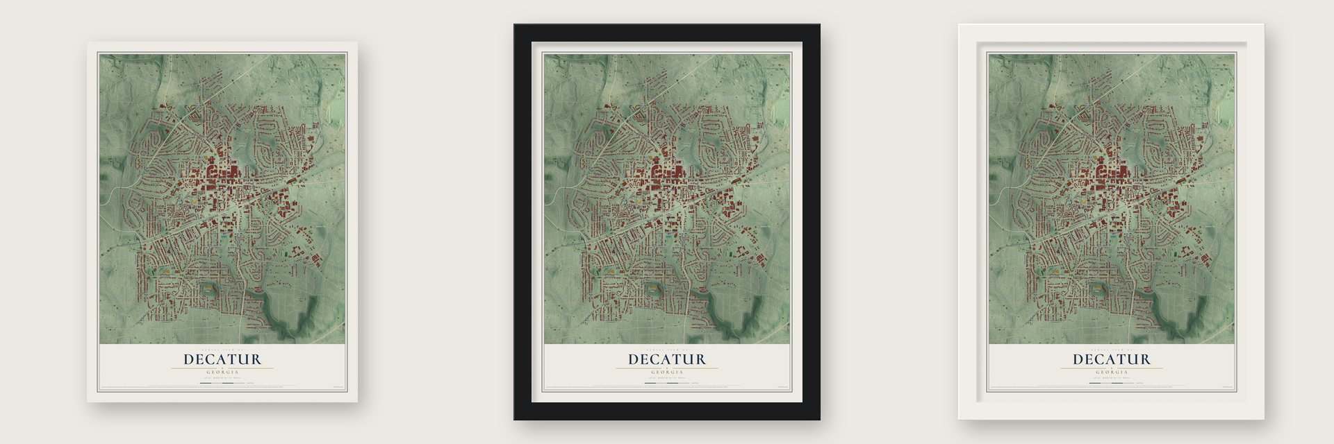 Decatur, Georgia map unframed, in a black wood frame and in a white wood frame