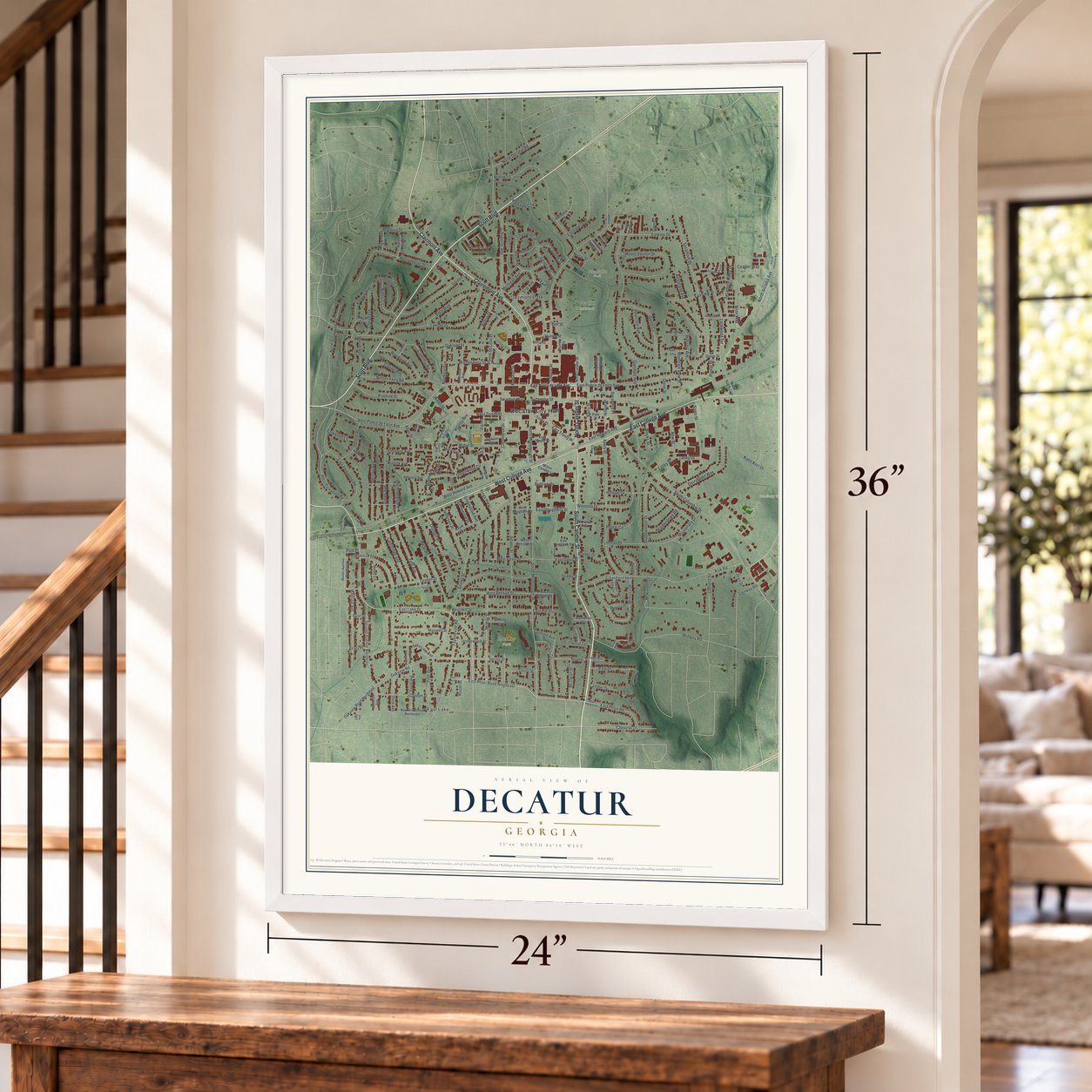 Decatur, Georgia map, 24 x 36 inch print in a white frame by a staircase