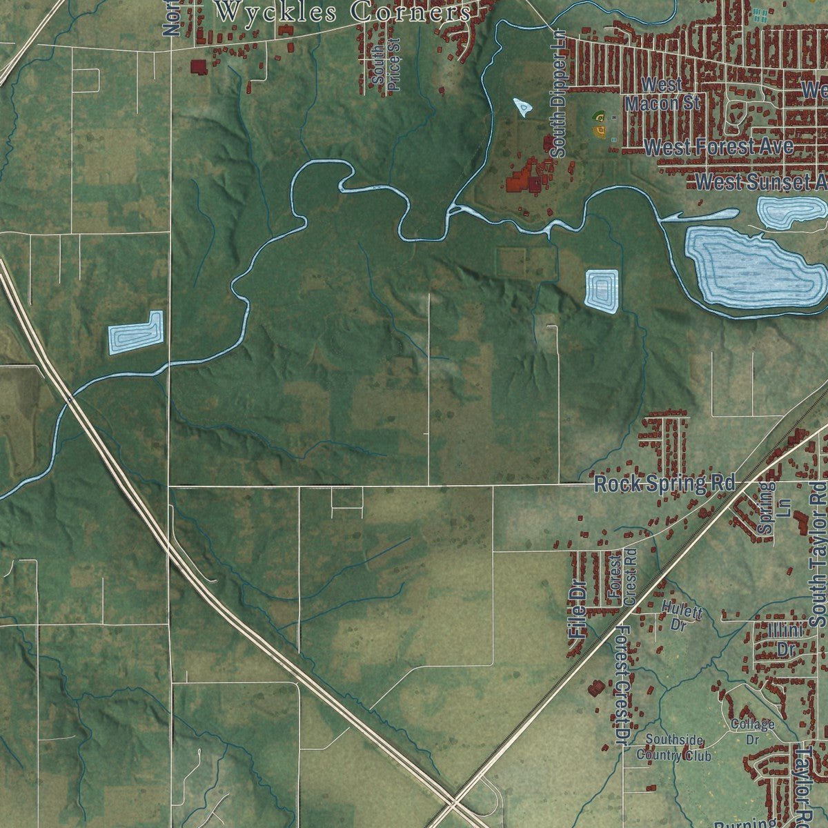 Second close-up of the map of Decatur, Illinois print showing more streets and buildings