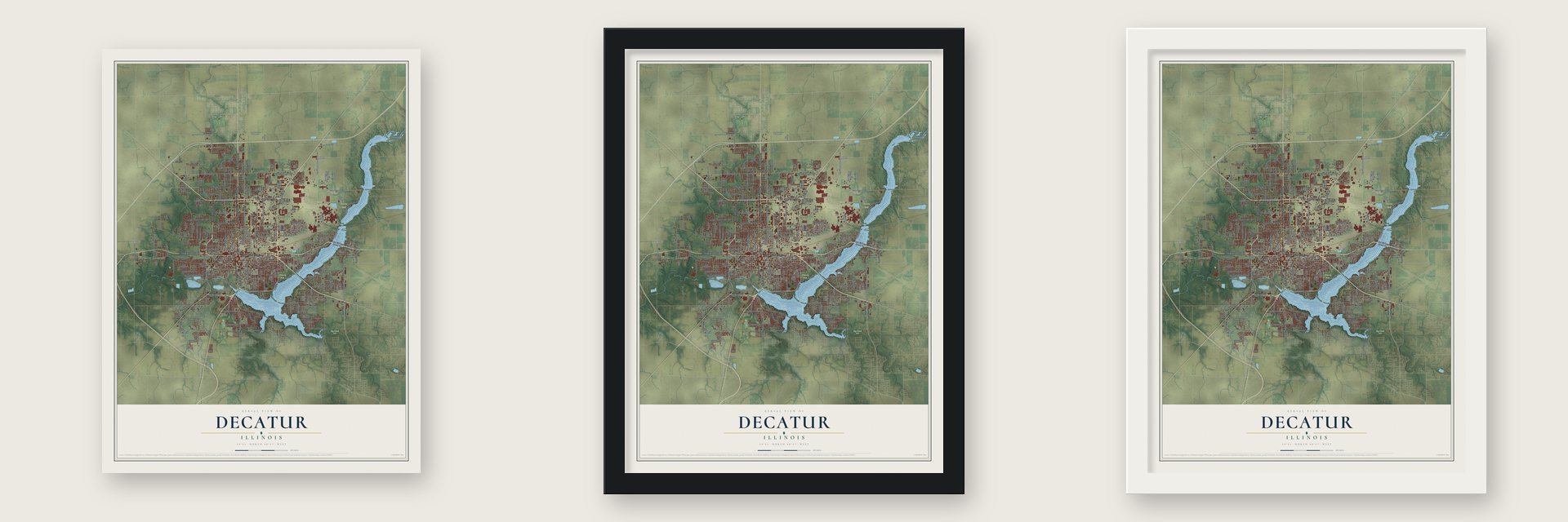 Decatur, Illinois map unframed, in a black wood frame and in a white wood frame