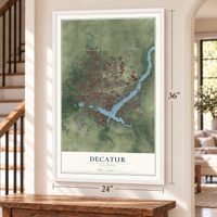 Decatur, Illinois map, 24 x 36 inch print in a white frame by a staircase