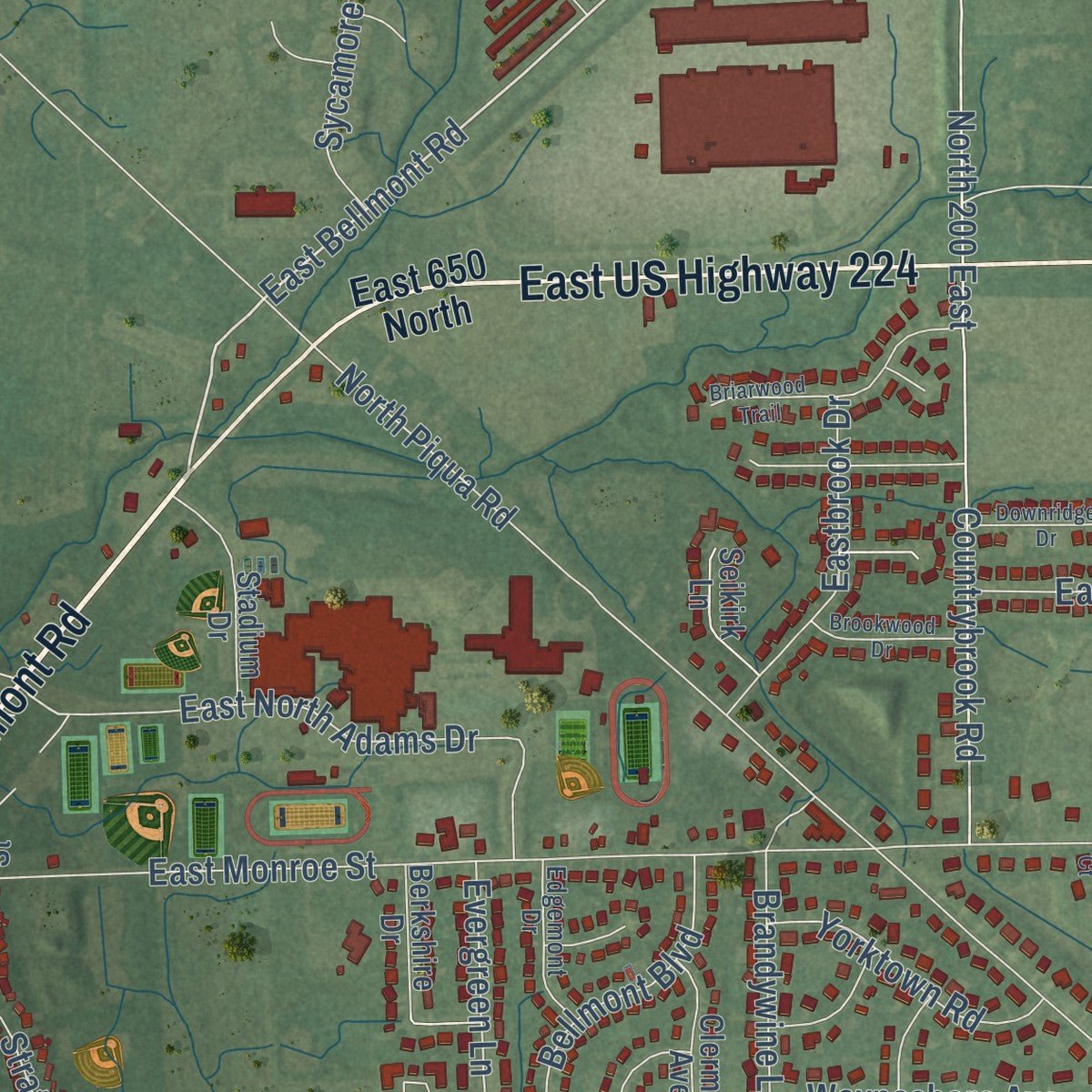 Second close-up of the map of Decatur, Indiana print showing more streets and buildings