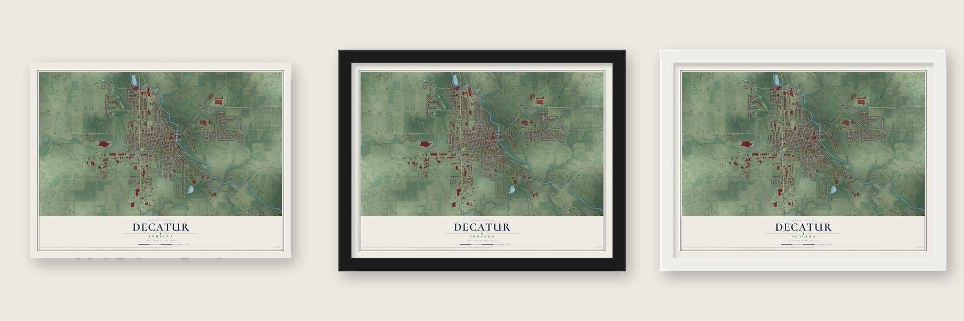 Decatur, Indiana map unframed, in a black wood frame and in a white wood frame