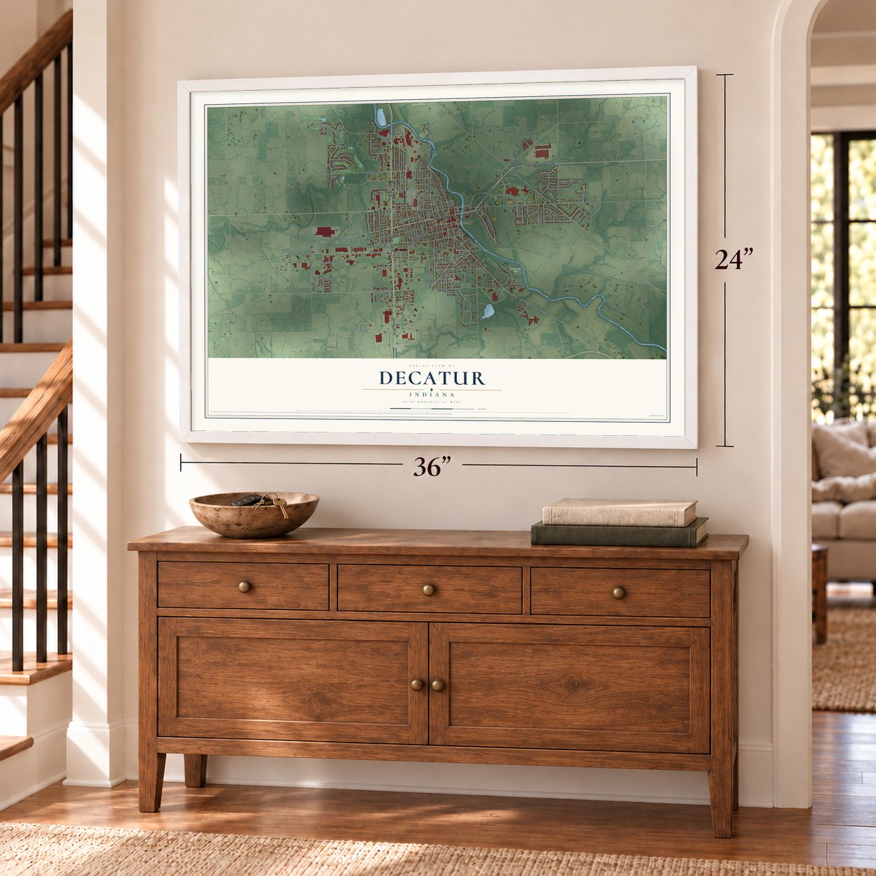 Decatur, Indiana map, 24 x 36 inch print in a white frame above a dresser by a staircase