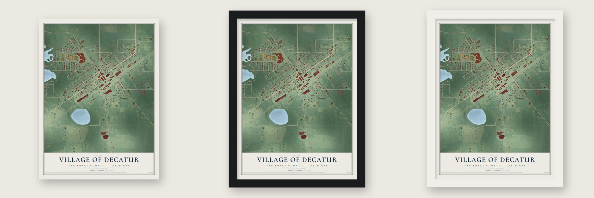 Decatur, Michigan map unframed, in a black wood frame and in a white wood frame