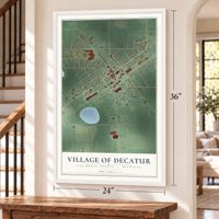 Decatur, Michigan map, 24 x 36 inch print in a white frame by a staircase
