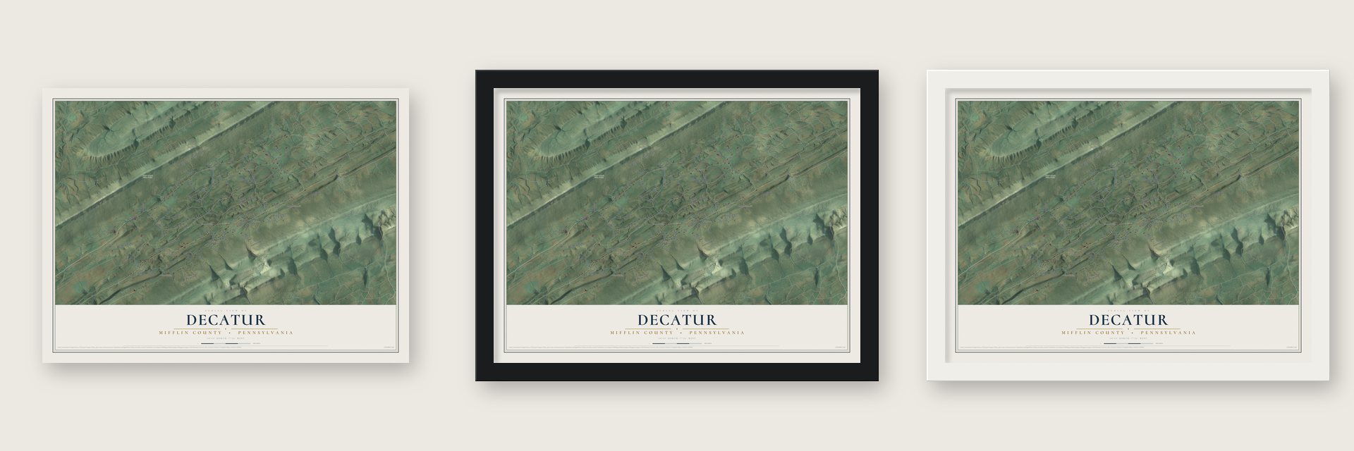 Decatur, Mifflin County, Pennsylvania map unframed, in a black wood frame and in a white wood frame