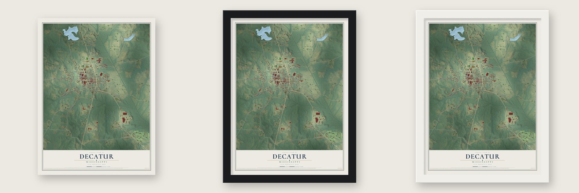 Decatur, Mississippi map unframed, in a black wood frame and in a white wood frame