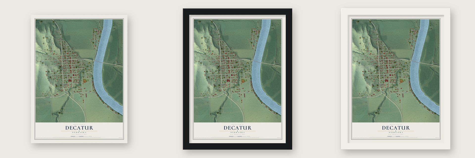 Decatur, Nebraska map unframed, in a black wood frame and in a white wood frame