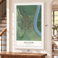 Decatur, Nebraska map, 24 x 36 inch print in a white frame by a staircase