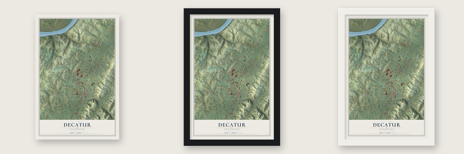 Decatur, Tennessee map unframed, in a black wood frame and in a white wood frame