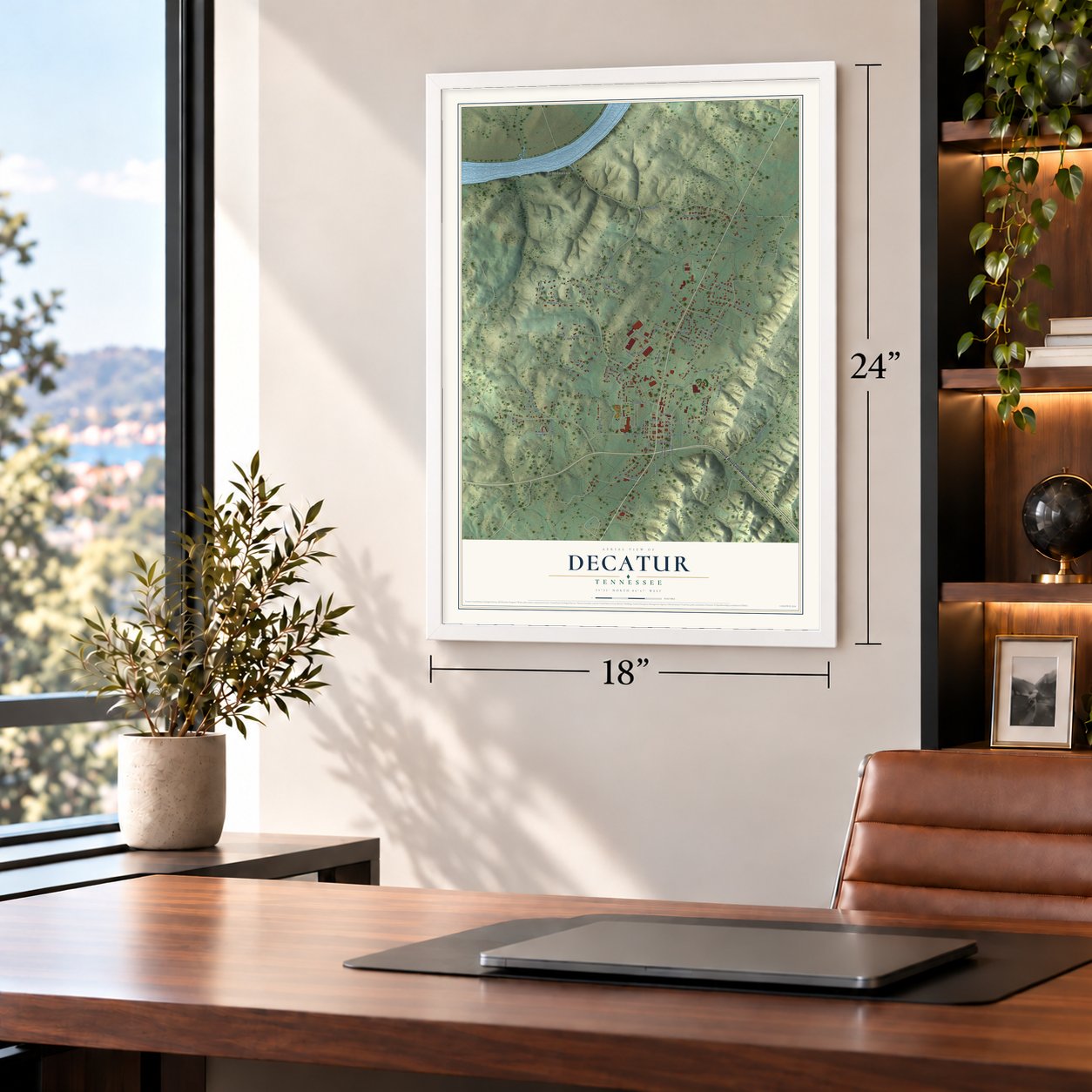 Decatur, Tennessee map, 18 x 24 inch print in a white frame in a home office