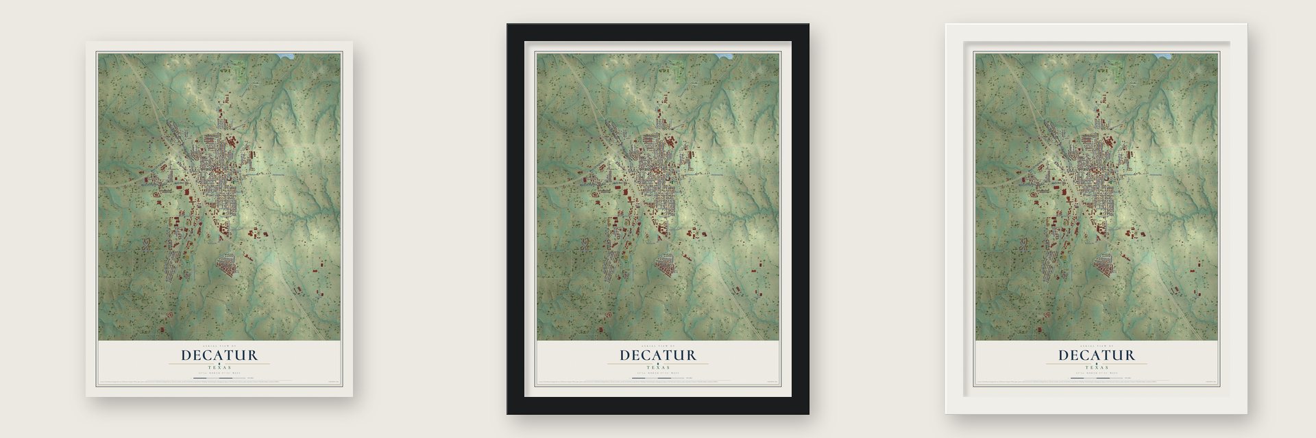 Decatur, Texas map unframed, in a black wood frame and in a white wood frame