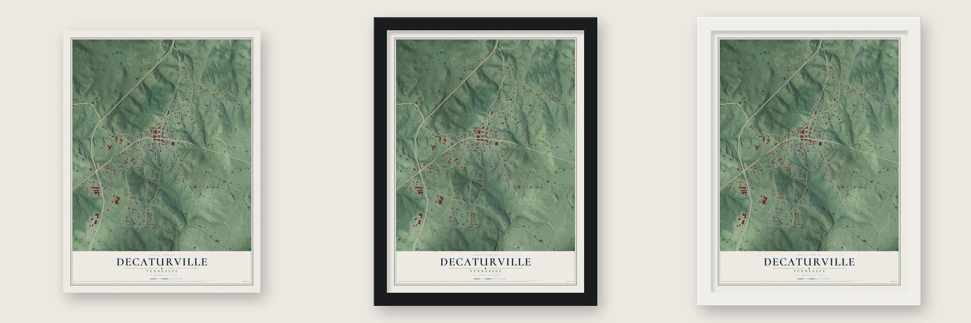 Decaturville, Tennessee map unframed, in a black wood frame and in a white wood frame