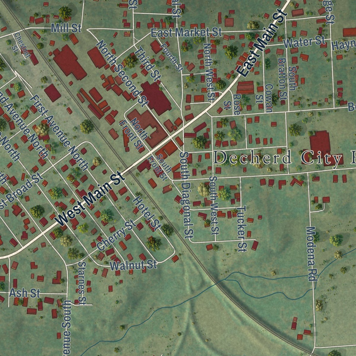 Second close-up of the map of Decherd, Tennessee print showing more streets and buildings