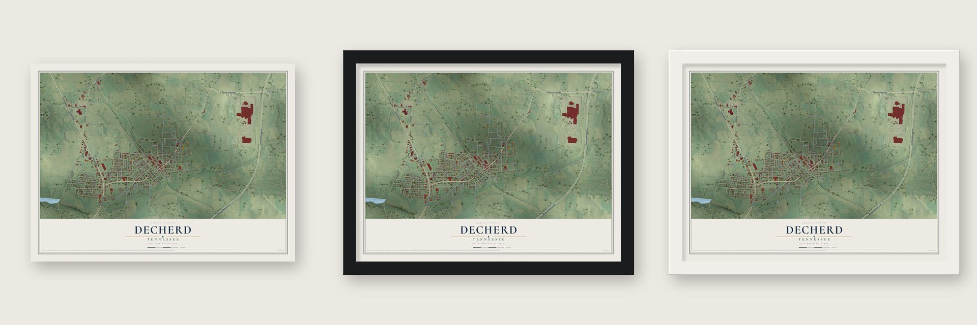 Decherd, Tennessee map unframed, in a black wood frame and in a white wood frame