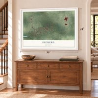 Decherd, Tennessee map, 24 x 36 inch print in a white frame above a dresser by a staircase