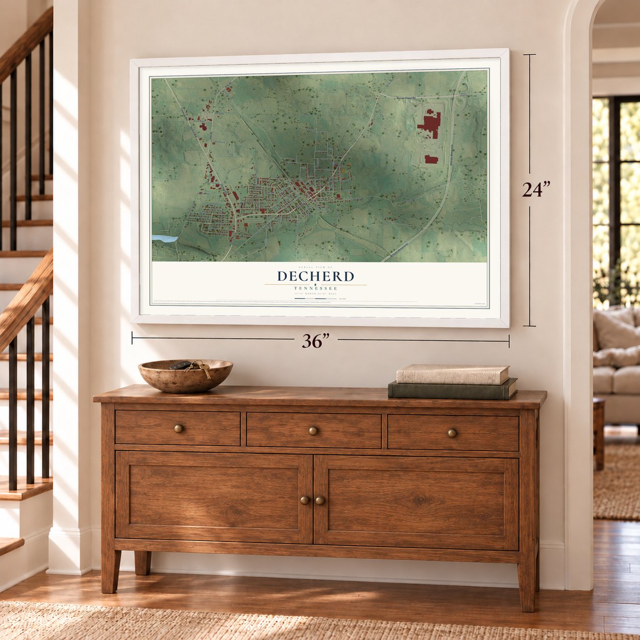 Decherd, Tennessee map, 24 x 36 inch print in a white frame above a dresser by a staircase