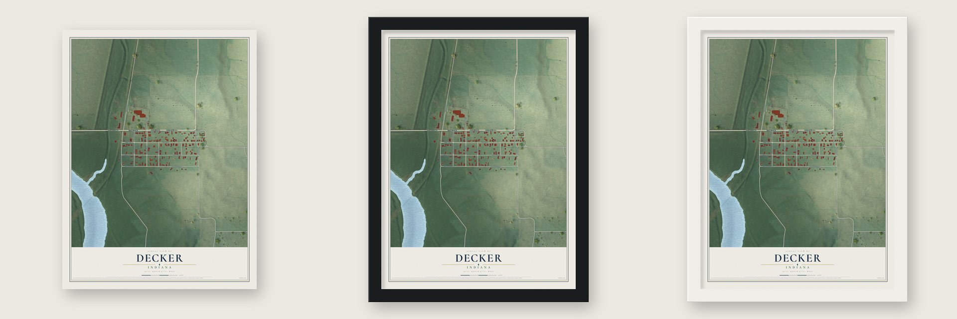 Decker, Indiana map unframed, in a black wood frame and in a white wood frame