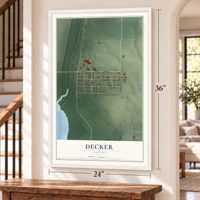 Decker, Indiana map, 24 x 36 inch print in a white frame by a staircase