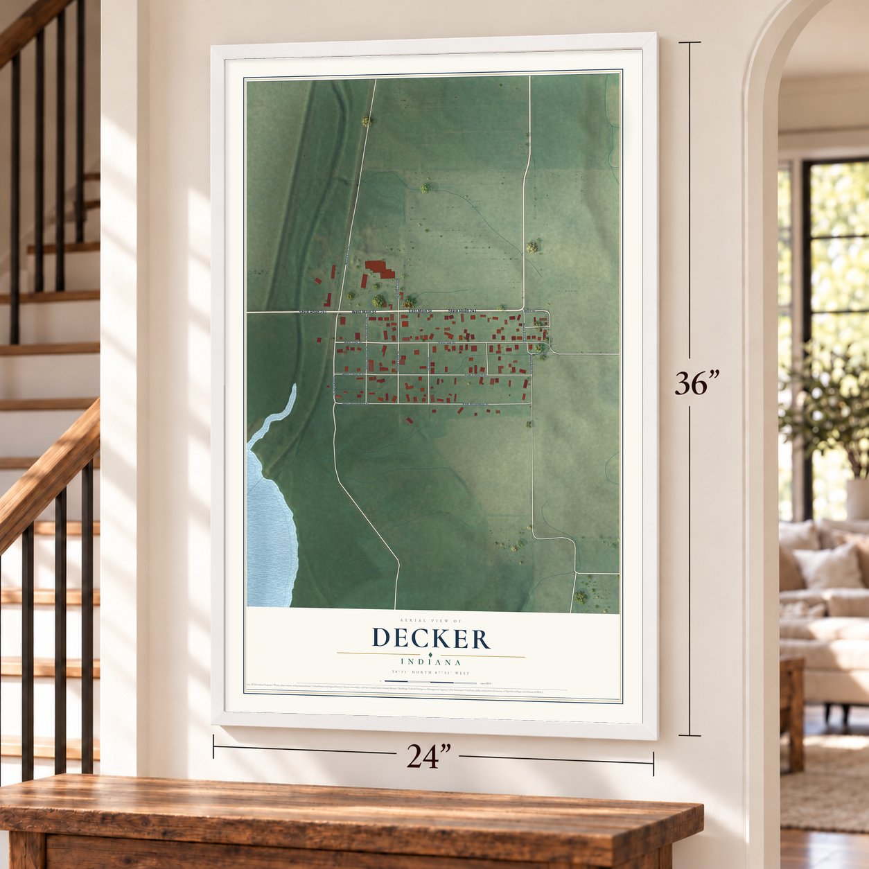 Decker, Indiana map, 24 x 36 inch print in a white frame by a staircase