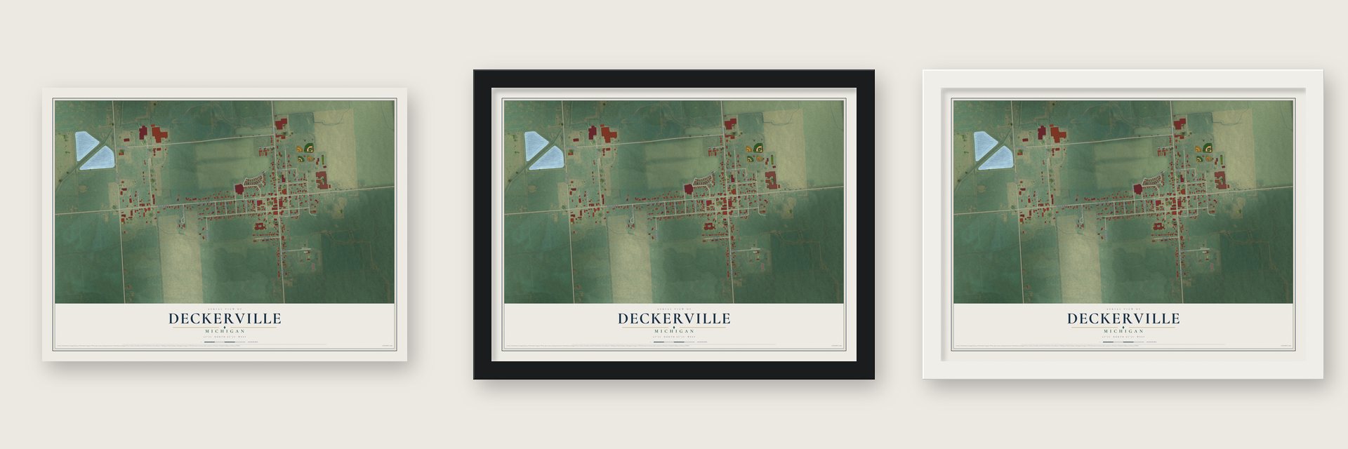 Deckerville, Michigan map unframed, in a black wood frame and in a white wood frame