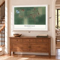 Deckerville, Michigan map, 24 x 36 inch print in a white frame above a dresser by a staircase