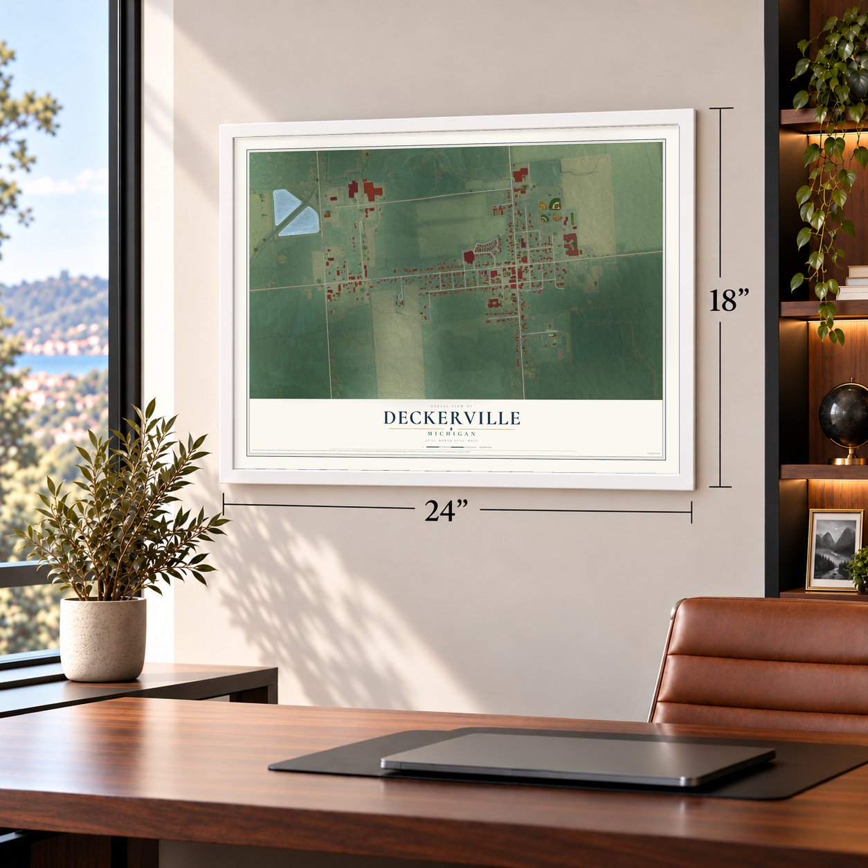 Deckerville, Michigan map, 18 x 24 inch print in a white frame in a home office