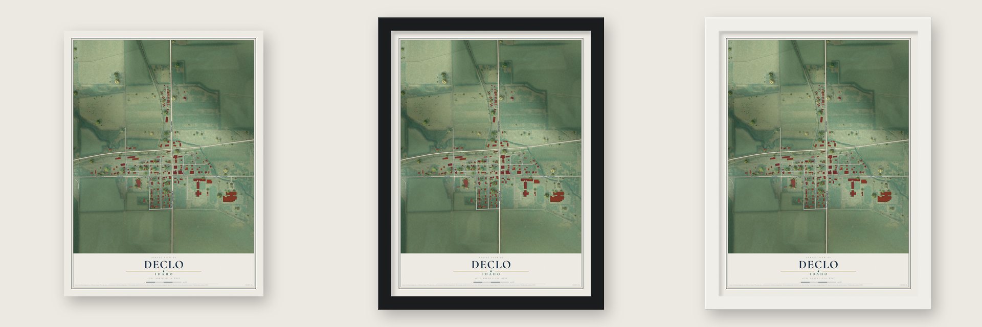 Declo, Idaho map unframed, in a black wood frame and in a white wood frame