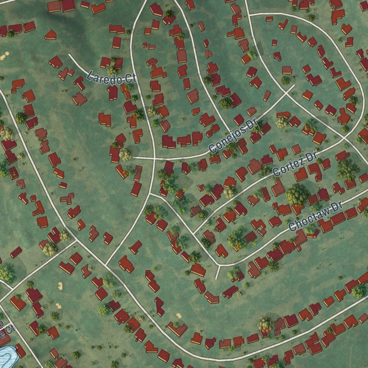 Second close-up of the map of DeCordova, Texas print showing more streets and buildings
