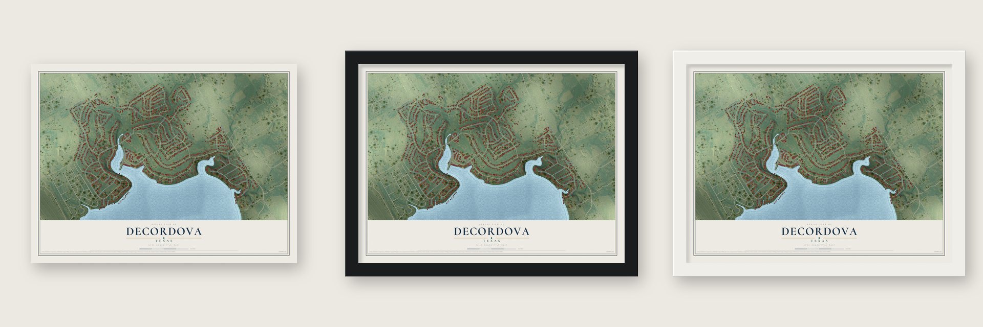 DeCordova, Texas map unframed, in a black wood frame and in a white wood frame