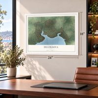 DeCordova, Texas map, 18 x 24 inch print in a white frame in a home office