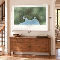 DeCordova, Texas map, 24 x 36 inch print in a white frame above a dresser by a staircase