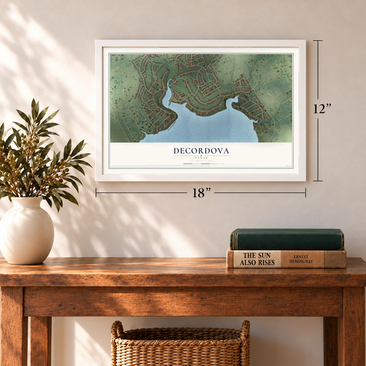 DeCordova, Texas map, 12 x 18 inch print in a white frame in an entryway