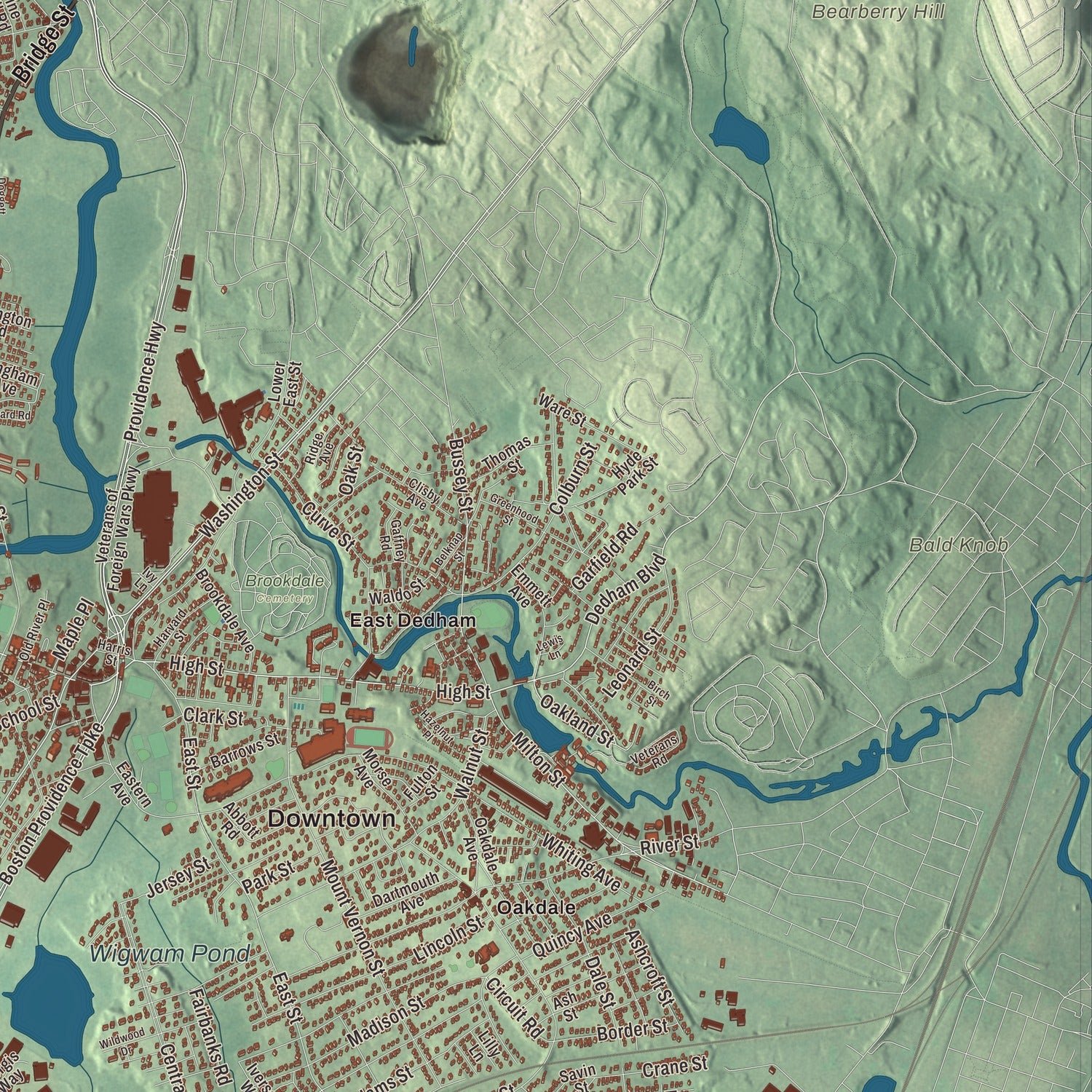 Close-up of the map of Dedham, Massachusetts print showing terrain and local geography