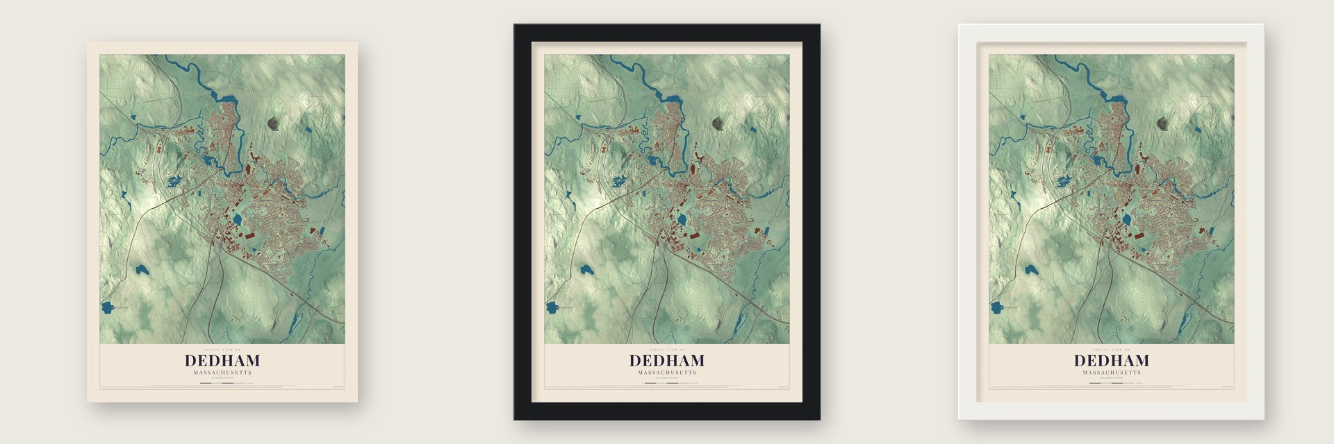 Dedham, Massachusetts map unframed, in a black wood frame and in a white wood frame