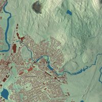 Close-up of the map of Dedham, Massachusetts print showing terrain and local geography