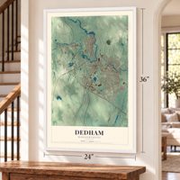 Dedham, Massachusetts map, 24 x 36 inch print in a white frame by a staircase