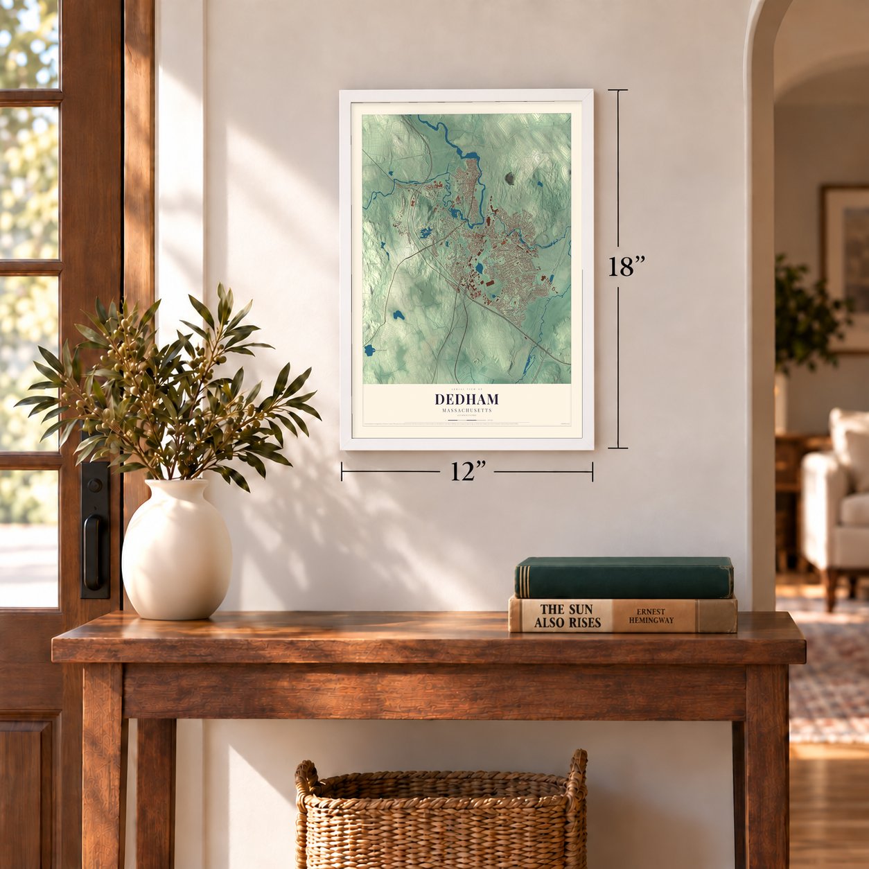 Dedham, Massachusetts map, 12 x 18 inch print in a white frame in an entryway