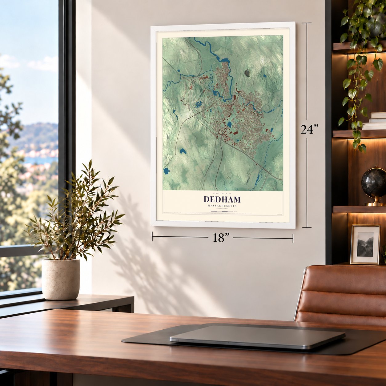 Dedham, Massachusetts map, 18 x 24 inch print in a white frame in a home office