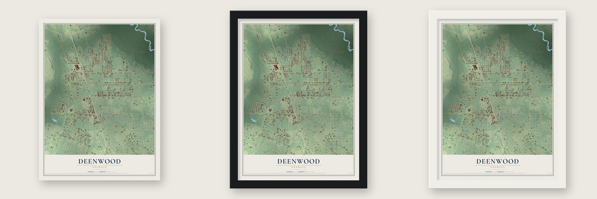 Deenwood, Georgia map unframed, in a black wood frame and in a white wood frame